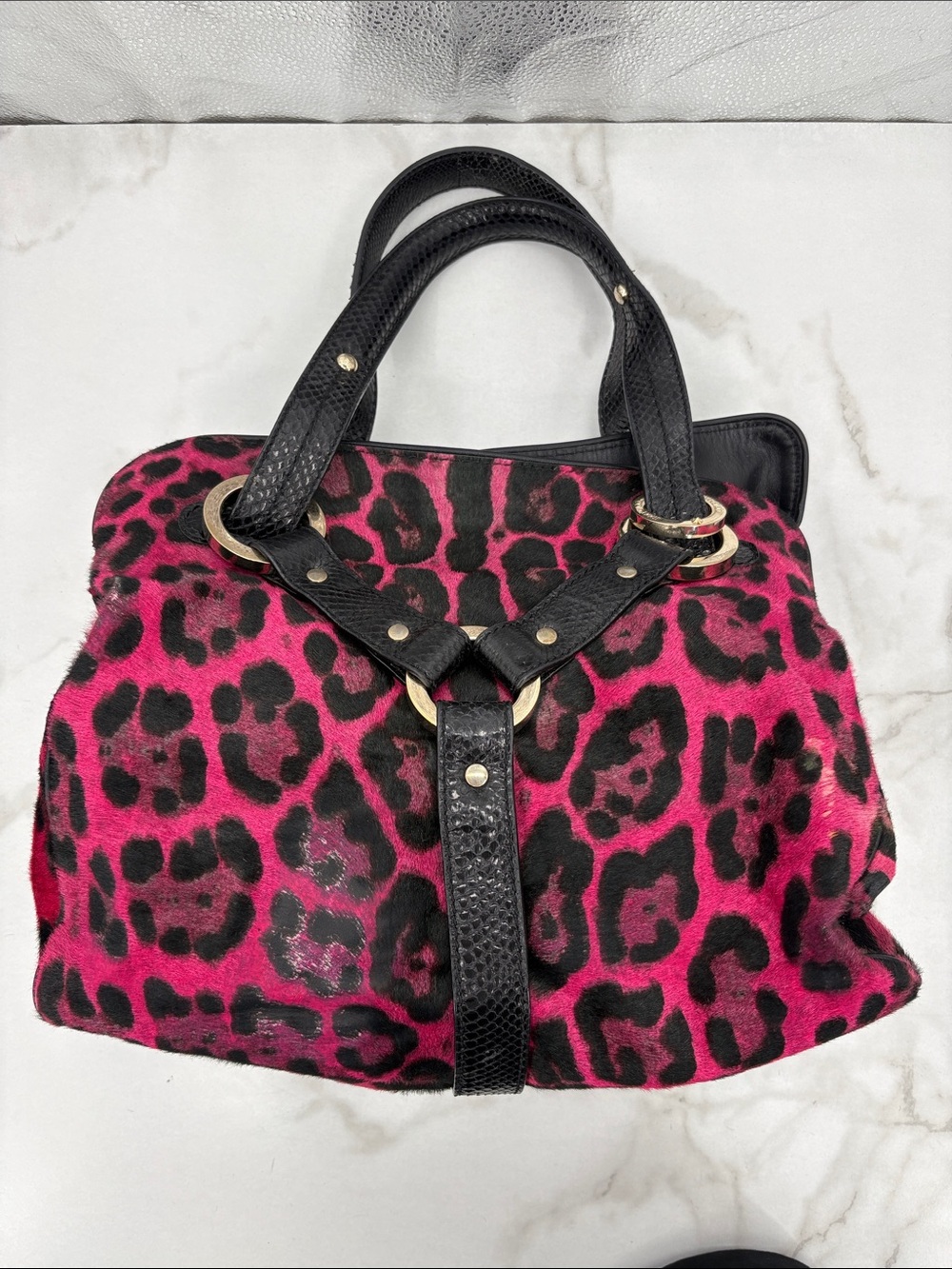 Jimmy Choo Pony Hair Fuchsia and Black Leopard-Print Tote - Picture 3 of 15